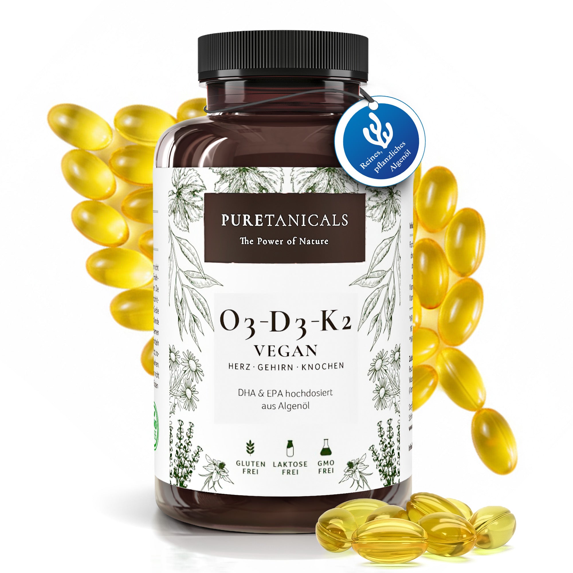 Puretanicals O3-D3-K2 vegan Flasche mit Algenöl-Omega-3 Softgel-Kapseln, pflanzliche Formel ohne Füllstoffe