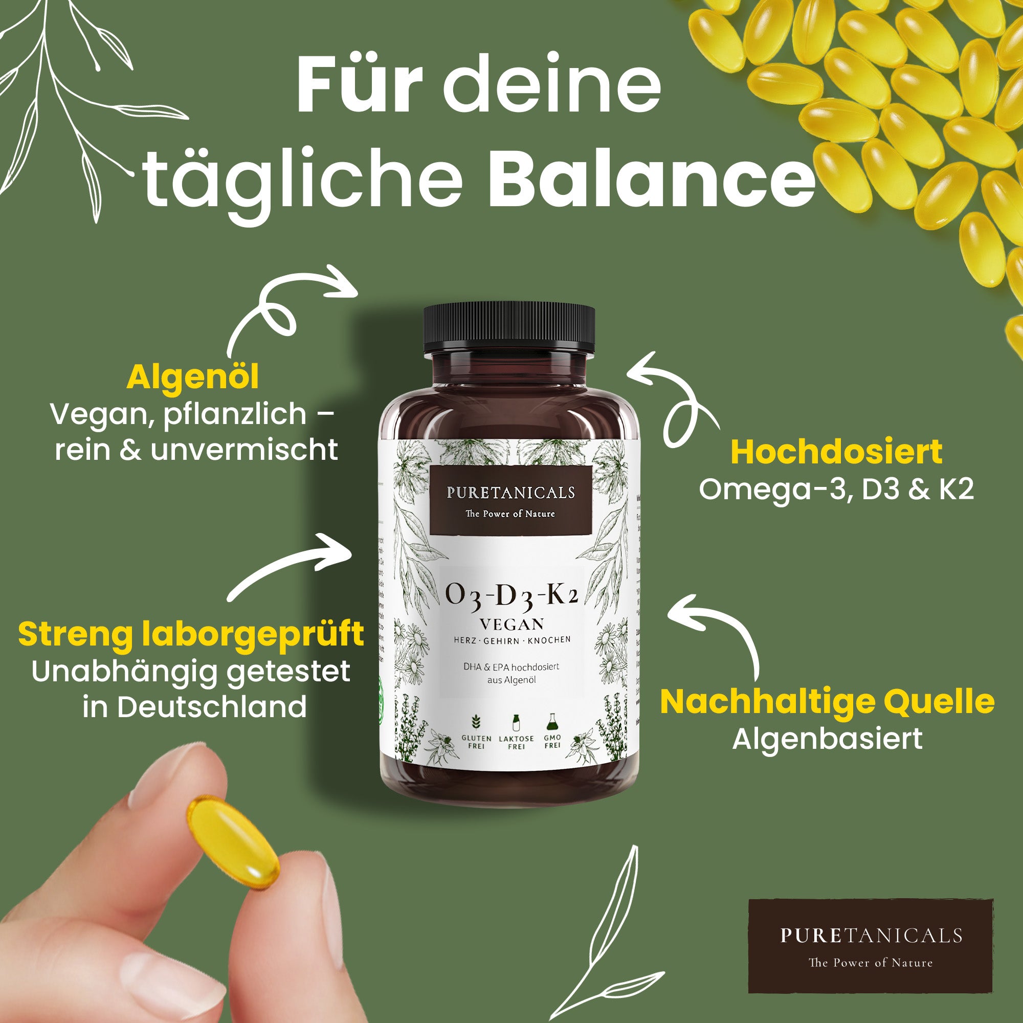 Puretanicals O3-D3-K2 vegan mit hochdosiertem Omega-3, Vitamin D3 und K2 aus nachhaltigem Algenöl, unabhängig laborgeprüft
