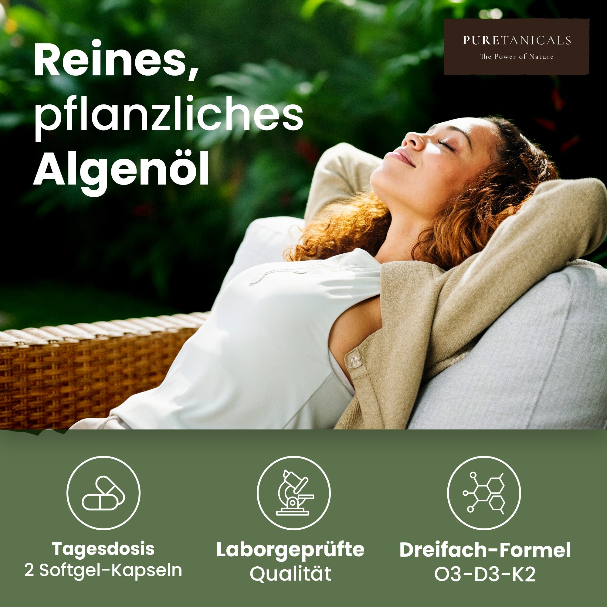 Entspannte Frau im Grünen als Symbol für reines pflanzliches Algenöl im Puretanicals O3-D3-K2 vegan Komplex
