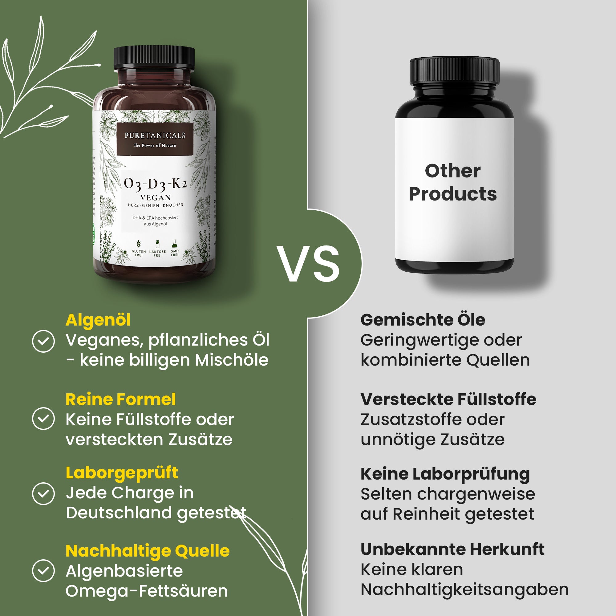 Puretanicals O3-D3-K2 veganes Nahrungsergänzungsmittel im Vergleich zu anderen Produkten, reines Algenöl, laborgeprüft in Deutschland, ohne Füllstoffe
